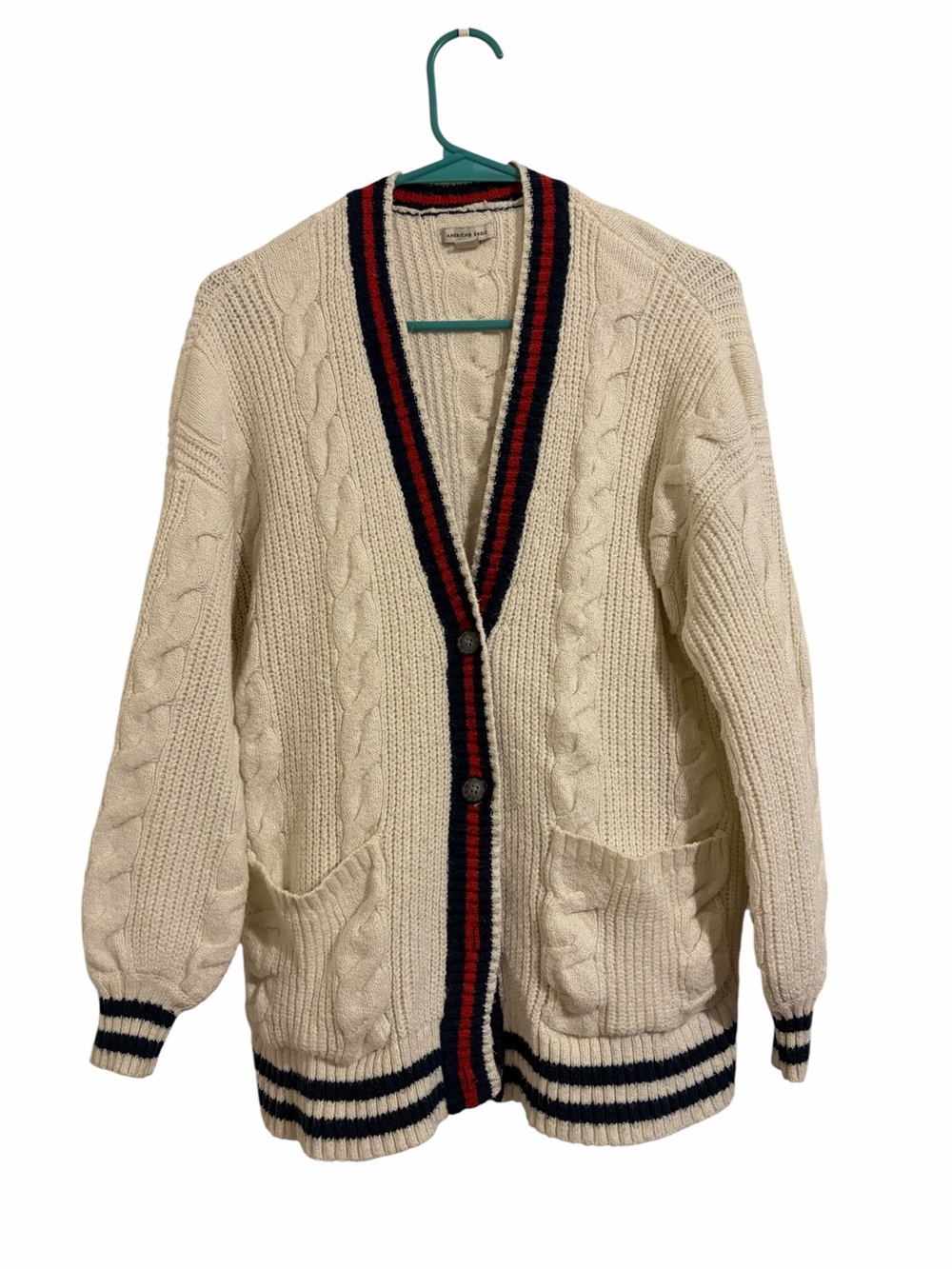 American Eagle Outfitters Cream Cable Knit Cardigan with Navy & Red Stripes